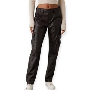 American Eagle Stretch High-Waisted Vegan Leather Straight Cargo Pant Black Sz 2